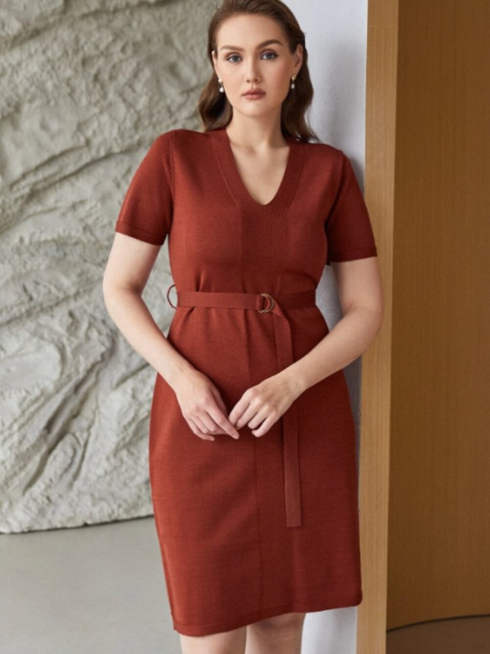 S305 Burnt Orange Short Sleeve Dress Size 1XL NEW NWOT (belt not included)